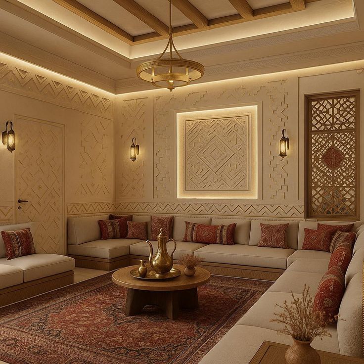 A traditional majlis with hand-carved geometric wall panels
